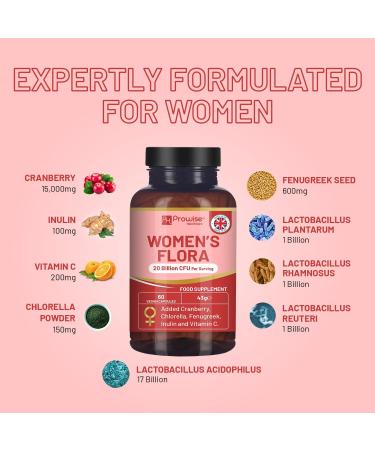 Women s Flora 60 Capsules | Intimate Flora for Women | 20 Billion CFU Added with 15000mg Cranberry, Vitamin C, Fenugreek, Chlorella & Inulin | Bio Cultures for Women's Intimate by Prowise - Buy Online on GoSupps.com