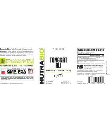 NutraBio Tongkat Ali LJ 100 - 200mg Capsules for Muscle Mass Strength & Performance - 60 Servings - International Shipping Available - Buy Online on GoSupps.com