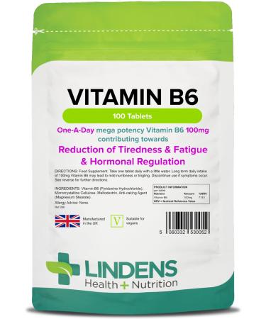 Lindens - Vitamin B6 100mg Tablets - 100 Pack - Ultra-Potent 7000% Nrv Contributes to Healthy Metabolism Reduction of Tiredness Normal Immune & Nervous System Function - UK Made Letterbox Friendly