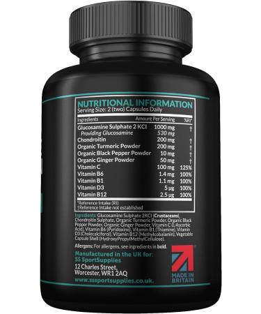 Glucosamine and Chondroitin High Strength Plus 5 Vitamins - 120 Complex Capsules 1 000mg (Providing 530mg Base) - Chondroitin 200mg - Added Turmeric Ginger Black Pepper Vitamin C B6 B1 D3 & B12 - Buy Online on GoSupps.com