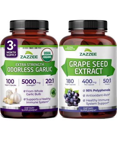 Zazzee Herbal Cardio Support Bundle | 50:1 Grape Seed Extract Capsules Plus USDA Organic Garlic Capsules | Non-GMO Vegan & ISO Lab Tested
