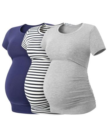 LAPASA Women's Maternity Tops Soft Modal Cotton Pregnancy Tshirts Side Ruched Crew Neck Short Sleeve Tees L55 XXL Navy Blue+navy Stripe+heather Gray