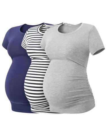 LAPASA Women's Maternity Tops Soft Modal Cotton Pregnancy Tshirts Side Ruched Crew Neck Short Sleeve Tees L55 L Navy Blue+navy Stripe+heather Gray