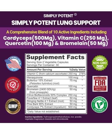 Lung Support Supplement for Cleanse & Detox - Quercetin, Bromelain, Nettle, Vitamin C, K2 & Cordyceps - 60 Capsules - Buy Online on GoSupps.com