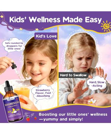 Kids Magnesium Liquid Drops, Magnesium Glycinate Liquid for Children's Supplement with Vitamin D3 K2 B12 & B6, Omega 3,L-theanine,Lemon Balm-for Sleep,Relaxation,Calm,Focus, Strawberry Flavor - Buy Online on GoSupps.com