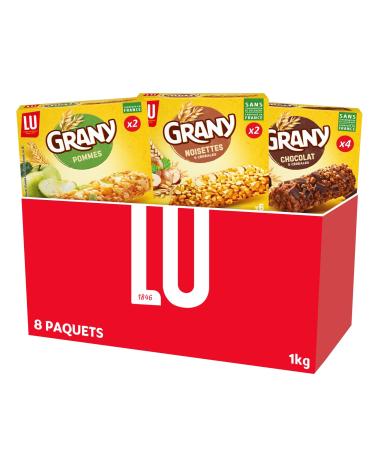 LU - La Bo te Grany - Assortiment de Barres C r ales pour Petit D jeuner ou Go ter - 8 Paquets soit 48 Barres - 4 x Grany Chocolat - 2 x Grany Pommes - 2 x Grany Brut Noisettes - Lot de 1 00kg Pommes Noisettes Chocolat Petit Format