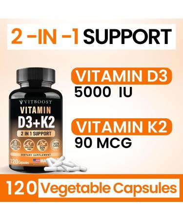 VITBOOST Vitamin D3 K2 Complex - Easy to Swallow - Vitamin D (D3) 5000 IU (125 mcg) & K2(MK-7) 90 mcg | Non-GMO | Gluten-Free | USA Made | 120 Capsules 120 Count(Pack of 1) - Buy Online on GoSupps.com