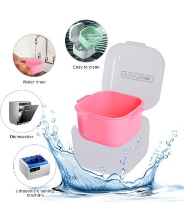 DIDATOOL Denture Cup Denture Bath for Soaking Dentures Denture Case with Lid Easy to Carry and Clean Denture Case with Removable Rinse Basket and Finger Toothbrush (Square Transparent Pink) Square Transparent Pink - Buy Online on GoSupps.com