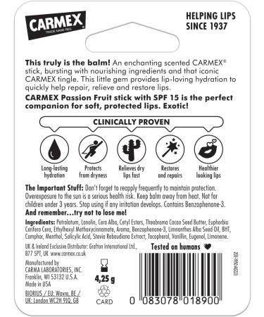 CARMEX Passionfruit SPF15 Lip Balm Stick 4.25g - Hydrating and Protecting Lips with Passionfruit Flavor - 1 Pack - Buy Online on GoSupps.com