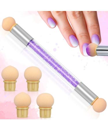 Greoer Nail Art Sponge Brush Applicator with 4 Pieces Replacement Head Double Head Acrylic Nails Ombre Sponge Nail Design Accessories for UV Gel and False Nail Art Rendering Tools (Purple)