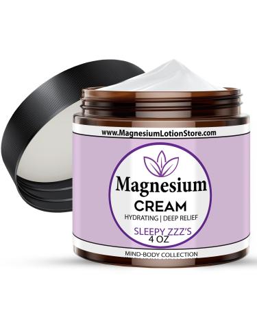 Magnesium Cream with Sleepy Zzz s Essential Oil Scent Topical Cream for Sleep Leg Cramps & Pain Muscle Relaxation Calm Moisturizing Supplement with Coconut Oil Shea Butter Aloe 4 oz USA Made Sleepy Zzz's Essential O