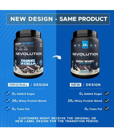 Revolution Nutrition High Whey Protein Powder Whey Isolate Gluten Free Lean Muscle Mass For Men & Women 25g of Protein Per Scoup 908 g 24 Servings (Cookies and Cream 2 Pound) Cookies and Cream 2 Pound - Buy Online on GoSupps.com
