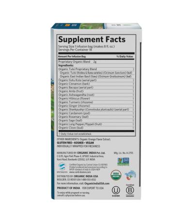 Organic India Tulsi Focus Tea - Bacopa, Hibiscus, Caffeine Free, 18 Infusion Bags - Buy Online on GoSupps.com