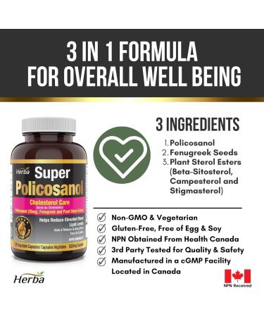Herba Policosanol 20mg with Plant Sterols and Fenugreek - 120 Vegetable Capsules | Cholesterol Supplement to Lowering and Supporting Healthy Cholesterol Levels and Heart Health | Made in Canada - Buy Online on GoSupps.com