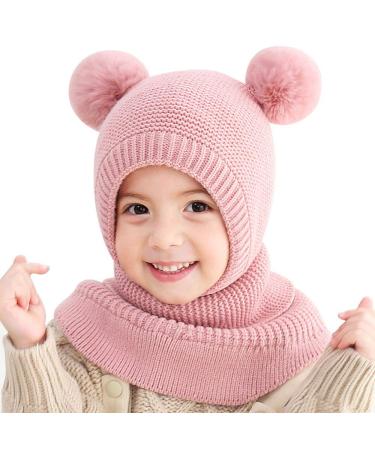 FUYAO Toddler Girls Winter Warm Hat Scarf Baby Fleece Earflap Beanies Hood with Double Pom Pom Windproof Balaclava Skiing Cap for 1-5 Years Old Kids One Size Pink