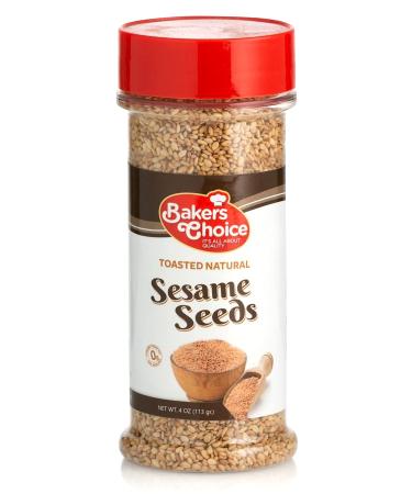 Baker's Choice Natural Toasted Sesame Seeds - For Baking And Cooking - All Natural Food Seasoning - Resealable Container - Gluten Free, Kosher - 4 Oz. (113g)