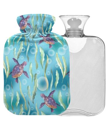 NAANLE hot water bottle with watercolor sea turtle with cover transparent bag hot water bottle 1 l hot water bottle for bed hand feet warmer pain relief heat and cold therapy