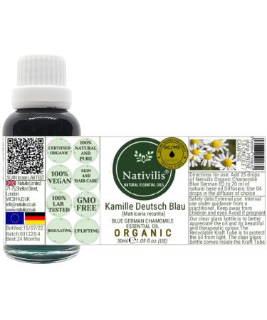 Nativilis Organic German Blue Chamomile Essential Oil - Anti-Inflammatory Soothing Skin Care & Hair Treatment for Lice & Dandruff - Natural Chamazulene Aromatherapy Solution - Buy Online on GoSupps.com