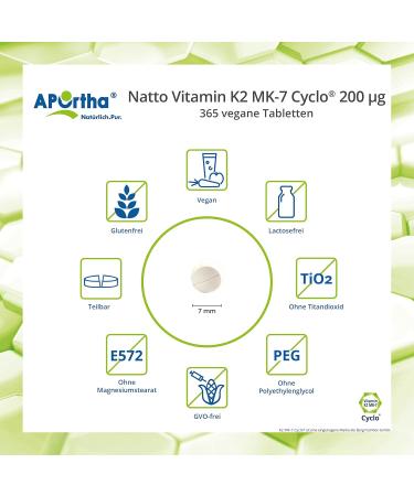 Aportha Vitamin K2 MK7 200 g - High-Dose Vegan Supplement | 365 Easy-to-Swallow Natto Tablets for Optimal Health - Buy Online on GoSupps.com