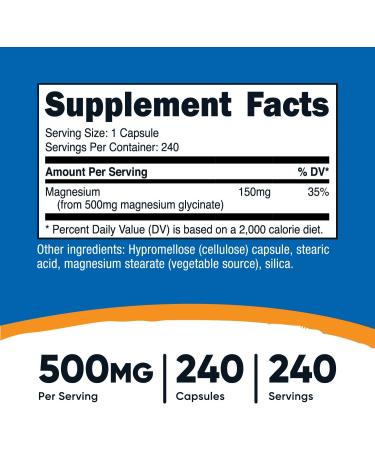 Nutricost Magnesium Glycinate Capsules - 500mg (240ct) | Gluten-Free, Non-GMO, Vegan - Buy Online on GoSupps.com