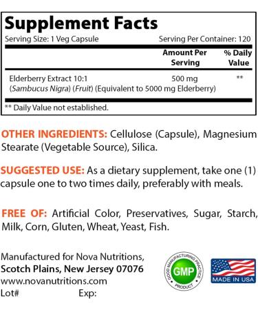 Nova Nutritions Elderberry Sambucus Nigra Extract 5000mg - 120 Veg Capsules, Cold flu & Allergy Relief, Immune Support - Buy Online on GoSupps.com