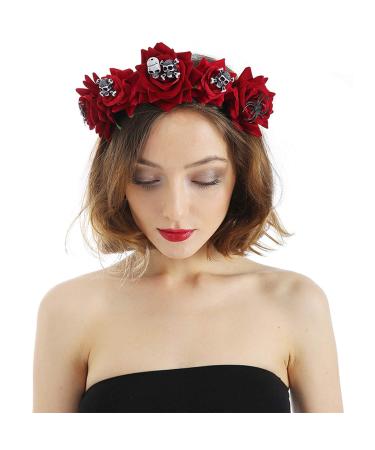 Halloween Floral Headband Rose Flower Crown Headband Headdress with Skull Decoration Floral Headwear Headpiece Hair Hoop Fancy Dress for Halloween Costume Accessory Cosplay Festival Fancy Decor