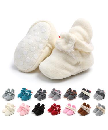 EDOTON Unisex Newborn Winter Boots Warm Stripe Bootie Non-Slip Sole Soft Stay On Ajustable Bootie Sock 6-12 Months White