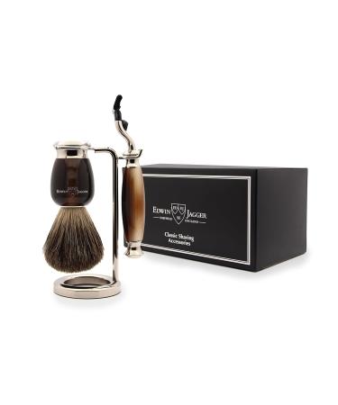 Edwin Jagger Classic Shaving Set - Pure Badger Brush & Mach 3 Razor - Imitation Light Horn & Nickel - International Shipping Available - Buy Online on GoSupps.com