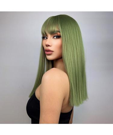 Pretfy Green Wig for Women 16 Natural Middle Length Straight Wig with Hair Bangs - Grass Green Wig for Cosplay & Halloween - Heat Resistant Synthetic Hair - Short-2 (Green) - Buy Online on GoSupps.com