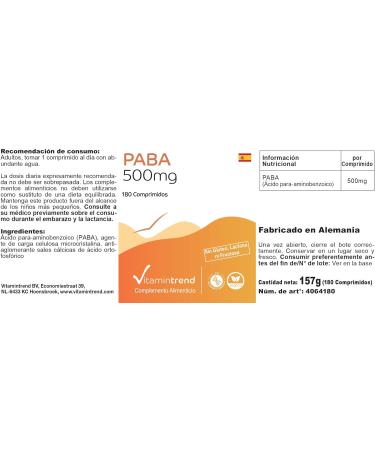 PABA 500mg - 180 Vegan Tablets | 6-Month Supply of Vitamin B10 - Para-Aminobenzoic Acid | Buy Now at Vitamintrend  - Buy Online on GoSupps.com