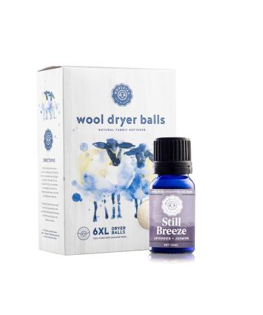 Woolzies Wool Dryer Balls Organic: 6 XL Laundry Balls for Dryer + 10 ml Still Breeze Essential Oil Combo for use as 100% Pure and Natural Fabric Softener | Best Scented Wool Balls Laundry Still Brezze