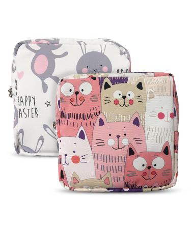 Xueny Sanitary Napkin Storage Bag 2pack Sanitary Napkin Pads Storage Bag with Zipper 5x5 inches First Period Bag for GirlsWomenLadies(Cat) Gray+pink 13*13*3cm 5*5*1.2 Inch