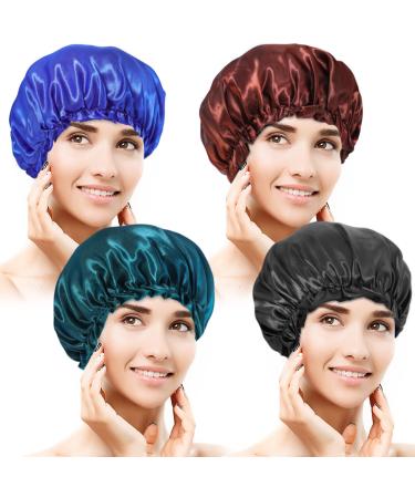 4 Pack Satin Bonnets Sleep Caps,Soft Elastic Satin Bonnet,Silky Hair Bonnet,Comfortable Silk Bonnet,Satin Night Hair Caps for Women,Satin Silk Bonnet for Sleeping (Blue,Brown,Green,Black)