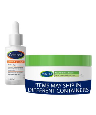 Cetaphil Vitamin C Serum Fragrance Free 1oz + Rich Hydrating Night Cream For Face With Hyaluronic Acid 1.7 oz Moisturizing Cream For Dry To Very Dry Skin No Added Fragrance Bundle