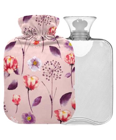 NAANLE hot water bottle with cover watercolor flowers pink transparent hot water bottle hot water bottle to relieve back pain handfoot warmer neck-hot and cold therapy 2 L