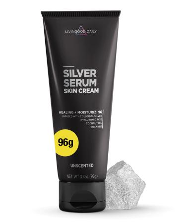 Livingood Daily Silver Serum Skin Cream Moisturizing Body Cream with Colloidal Silver Hyaluronic Acid Coconut Oil & Vitamin E Unscented Body Moisturizer for Dry Skin Women & Men 3.4 Oz