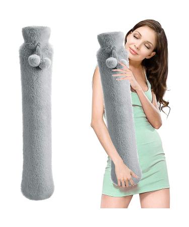 Rubber Hot Water Bottle with Cover Hot Water Bag for Pain Relief Bed Warm Waist Warm Back Hot Water Bottle Soft Cover Natural Rubber for Back, Neck, Legs Christmas Gifts for Women (Gray with Pocket)
