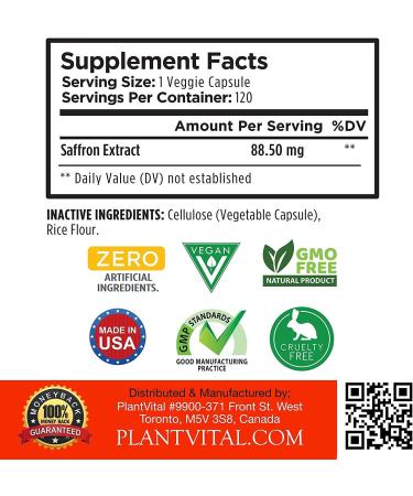 PlantVital Saffron Supplement - 100% Pure Extract for Appetite Control, Energy, Mood, Eye Health & Macular Degeneration Prevention - 120 Count - Buy Online on GoSupps.com