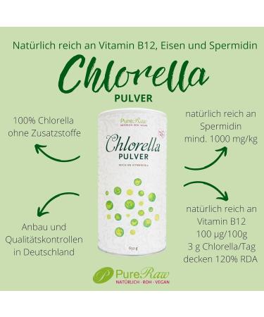 Chlorella Powder from Germany - Pure Raw Vegan Green Algae | 650g Chlorella Vulgaris Rich in Vitamin B12 & Iron | Pureeraw - Buy Online on GoSupps.com