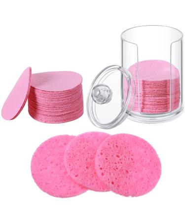 50 Pieces Compressed Natural Facial Sponges Round Soft Face Exfoliator Cleansing Sponge Reusable Cosmetic Sponge with Clear Plastic Sponge Storage Jar for Exfoliating, Makeup Removal (Pink)