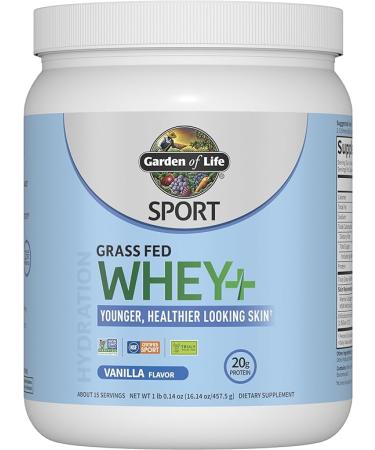 Garden of Life Sport Whey Protein Powder Vanilla Flavor 20g Plus Marine Collagen Peptides & MSM for Women and Men, Optimum Amino Energy, Younger, Healthier Looking Skin - Grass Fed, About 15 Servings