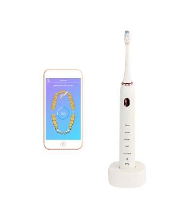 Over The Sea Sonic Bluetooth Rechargeable Electronic Toothbrush   5 Modes   App Control   Smart Timer   Wireless Charging   Portable Power Toothbrush   2 Replacement Dupont Brush Heads (White)
