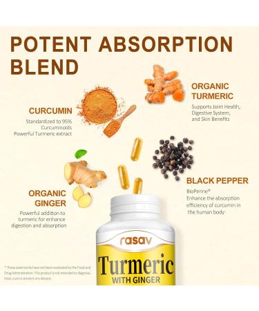 Rasav Turmeric Curcumin Supplement - 95% Curcuminoids with Turmeric & Ginger Black Pepper for Ultra High Absorption Support Joint & Digestion Health Non-GMO 60 Capsules 60 Count (Pack of 1) - Buy Online on GoSupps.com