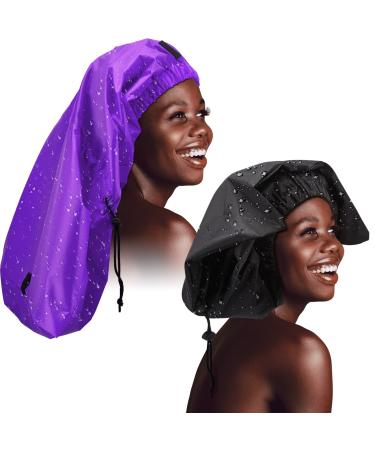 SATINIOR Braid Shower Cap Large Jumbo for Adjustable and Foldable with Drying Loop Extra Big Plastic Long Curly Hair Braids (Black, Purple)