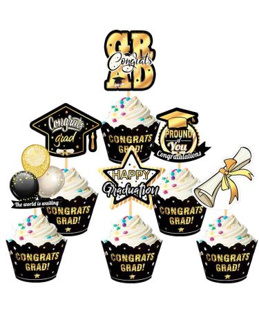 ICNYEKl 24 Pieces Of Graduation Season Cupcake Topper Mortarboard Hat Balloon Cake Decoration For Graduation Season Class Reunion Cake Decoration Supplies (Black) Black Graduation Season Paper Cup Cake Toppers