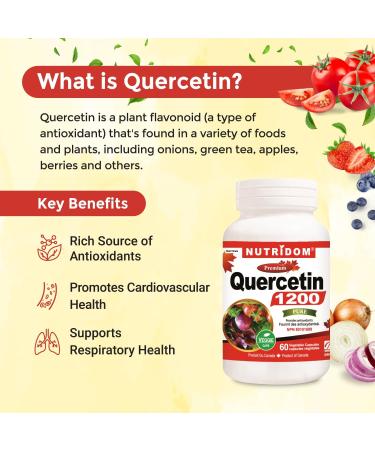 Nutridom Quercetin 600mg - Bioflavonoid - Quercetin Supplement - Supports Healthy Cellular Function Cardiovascular Health Immune Health & Response - Derived from the bud of the Japanese Pagoda tree Non-GMO Vegan Gluten-free (60 Veggie capsules) - Buy Online on GoSupps.com