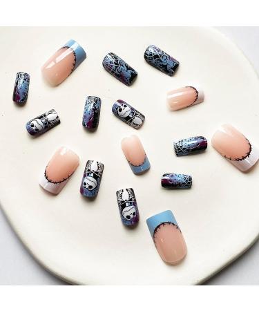 24Pcs Halloween Press on Nails | Short Square Acrylic Nails with Skulls Cobwebs & Glossy Finish - Perfect for Women & Girls - Buy Online on GoSupps.com