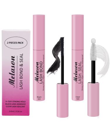 Lash Bond and Seal Cluster Lashes Glue Waterproof for DIY Eyelash Extensions Super Strong Hold 72 Hours Lash Adhesive Latex Free Lash Sealer with Mascara Wand(2 * 5ml Black Bond & Clear Seal Kit))