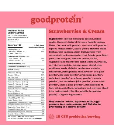 Good Protein Vegan Plant-based Protein Powder 100% Natural Non-GMO Dairy-free Gluten-free Soy-free No Added Sugar and Nothing Artificial. Strawberries & Cream All-in-One Shake 440 grams Strawberries & Cream 440 g - Buy Online on GoSupps.com