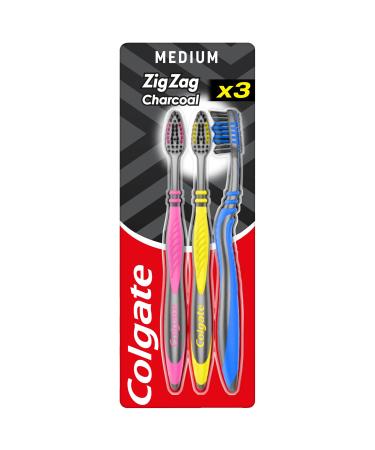 Colgate ZigZag Black Medium Toothbrush Pack of 3 (Assorted Color)